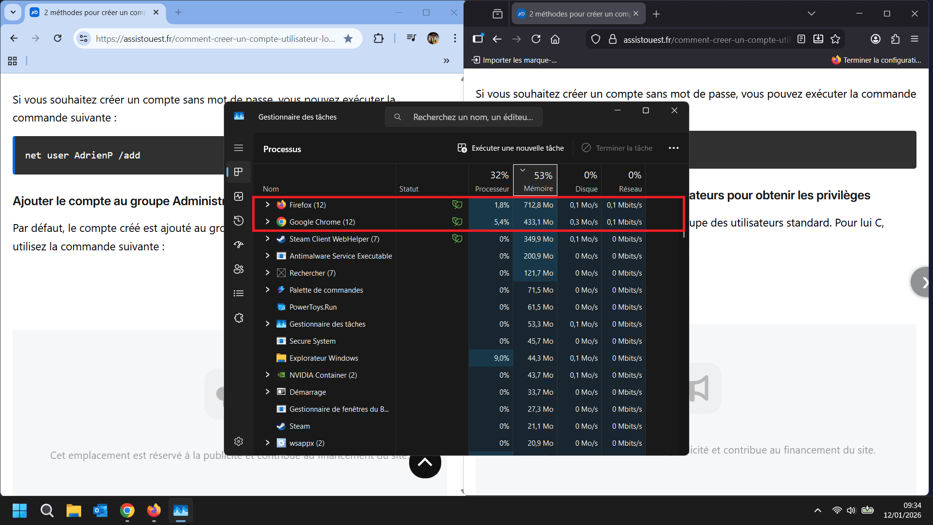 Firefox consomme près de 2X plus de Ram que Chrome avec un bloqueur de publicité
