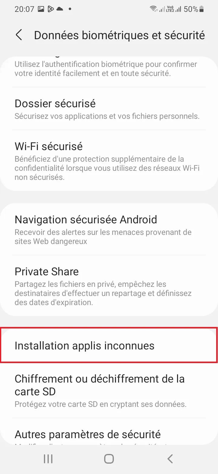 installation des applications inconnues depuis les paramètres système