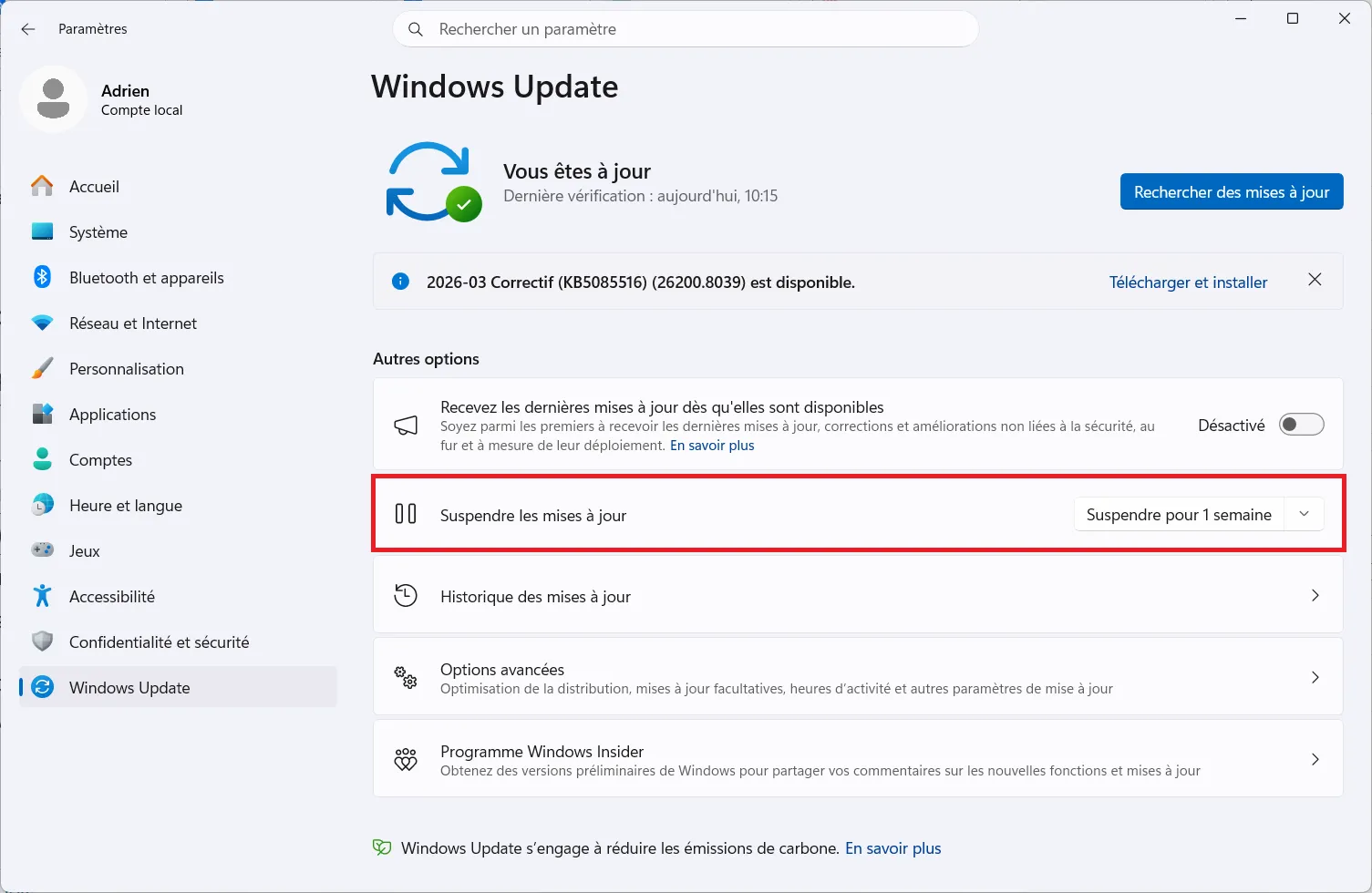 Suspendre temporairement les mises à jour via les paramètres sur Windows 11