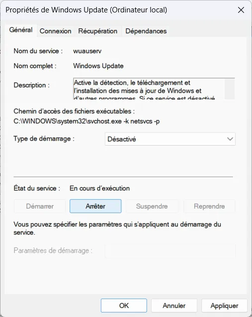 désactiver le service.msc Windows Update