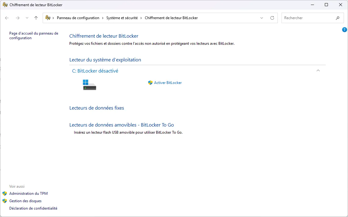 Activer bitlocker depuis le panneau de configuration