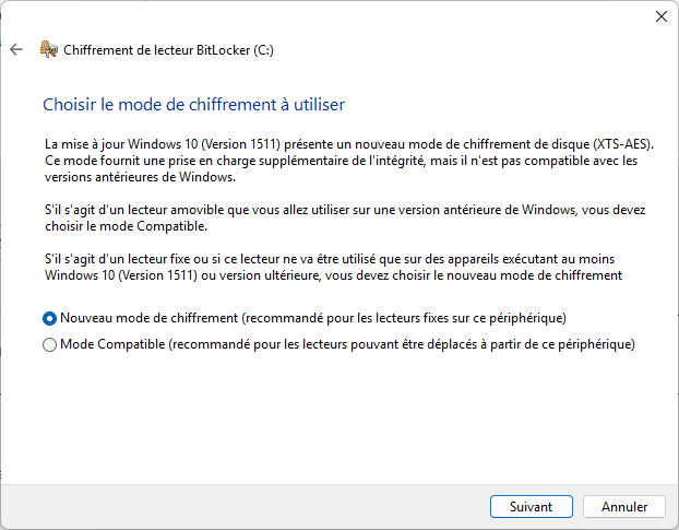 choisir le mode de chiffrement à utiliser