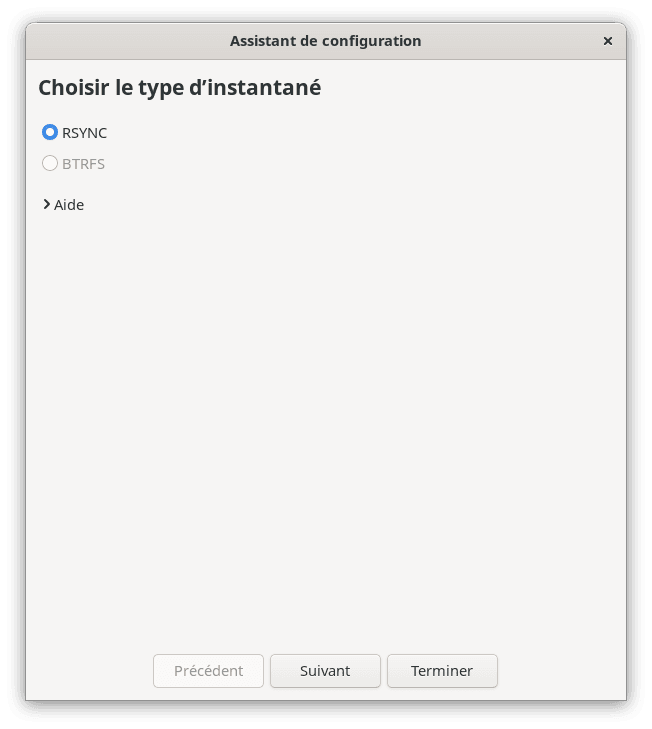 assistant de confihuration pour choisir le type d'instantan&eacute; RSYNC ou BTRFS sur Timeshift