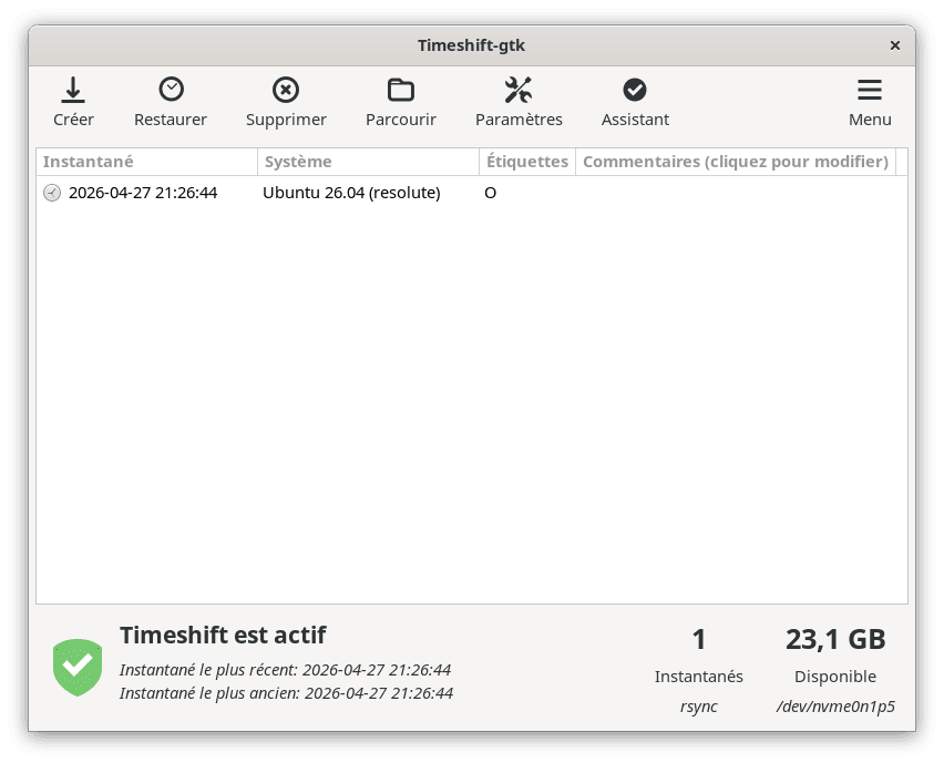 Tous vos points de restauration Timeshift