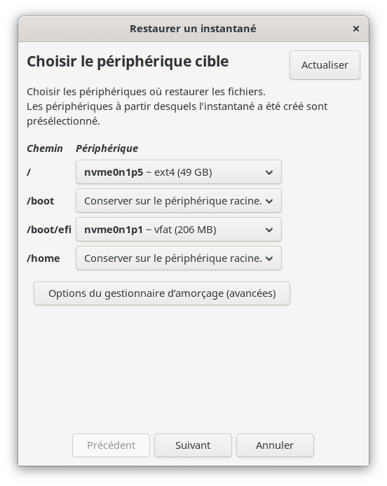 Restaurer un instantan&eacute; Timeshift
