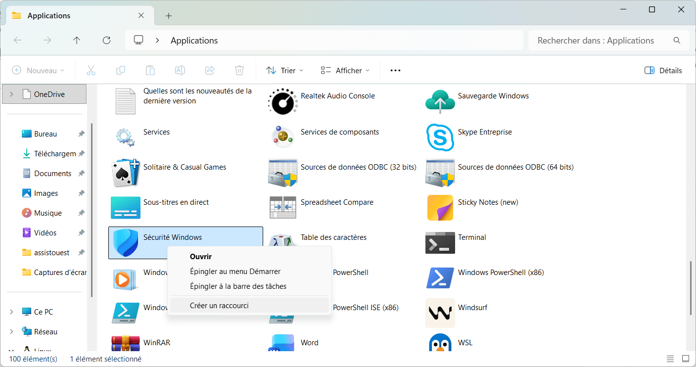 Créer un raccourci Windows Defender depuis le dossier des applications système
