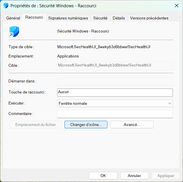 Modifier l'icone du raccourci Sécurité Windows
