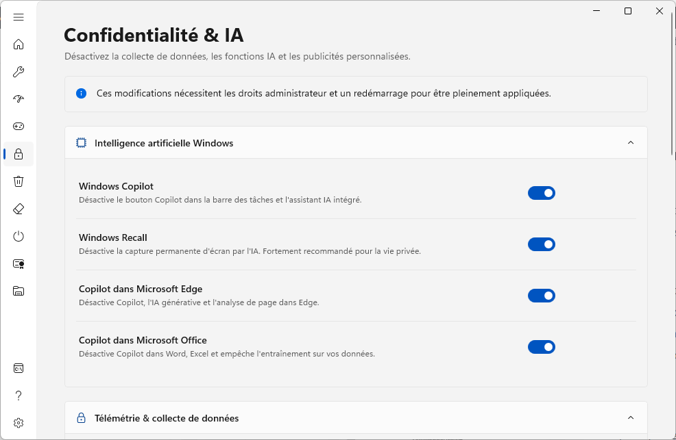 Supprimer la t&eacute;l&eacute;m&eacute;trie et les IA Windows avec Assistools