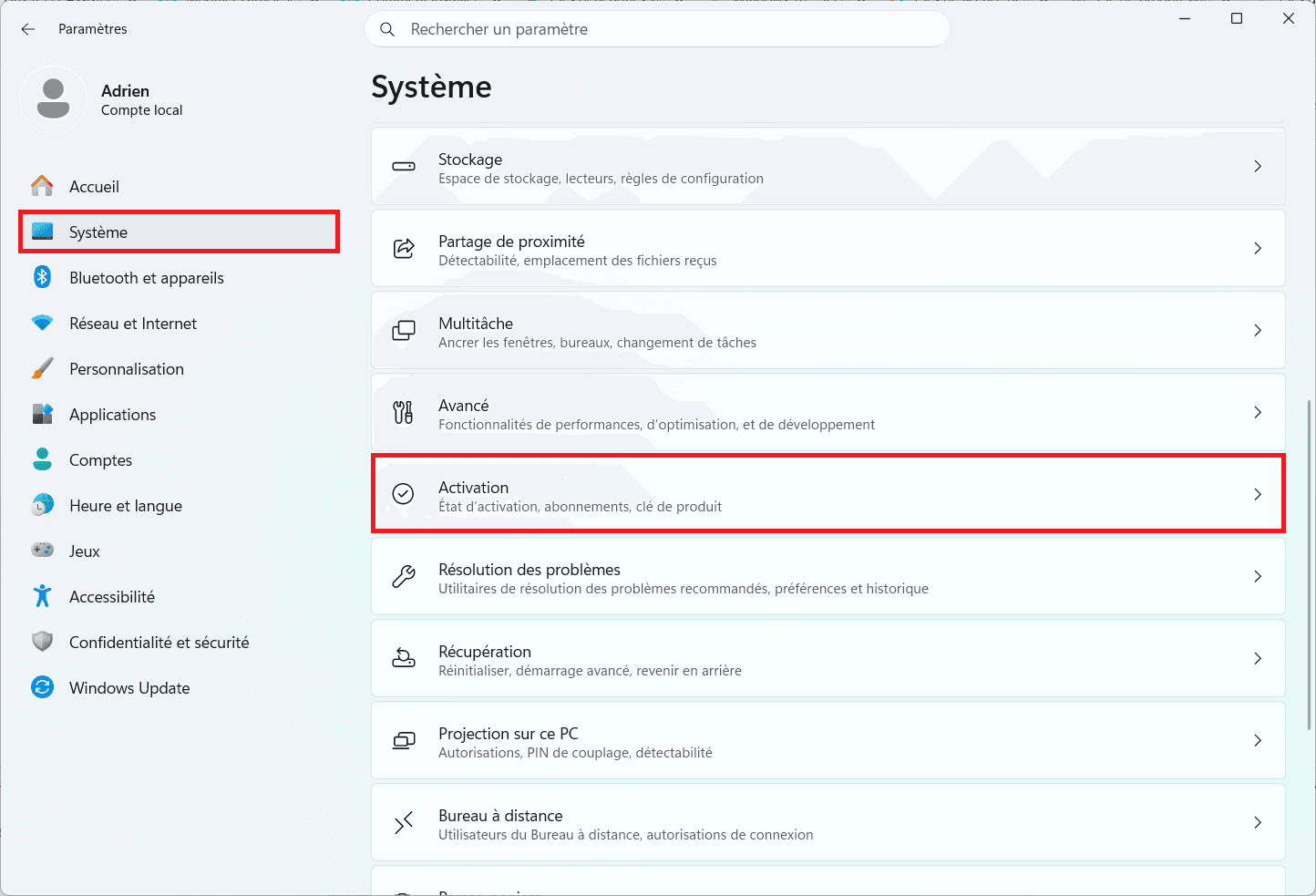 aller au param&egrave;tres d'activation de Windows 11