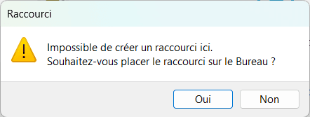 avertissement pour créer un raccourci vers le bureau