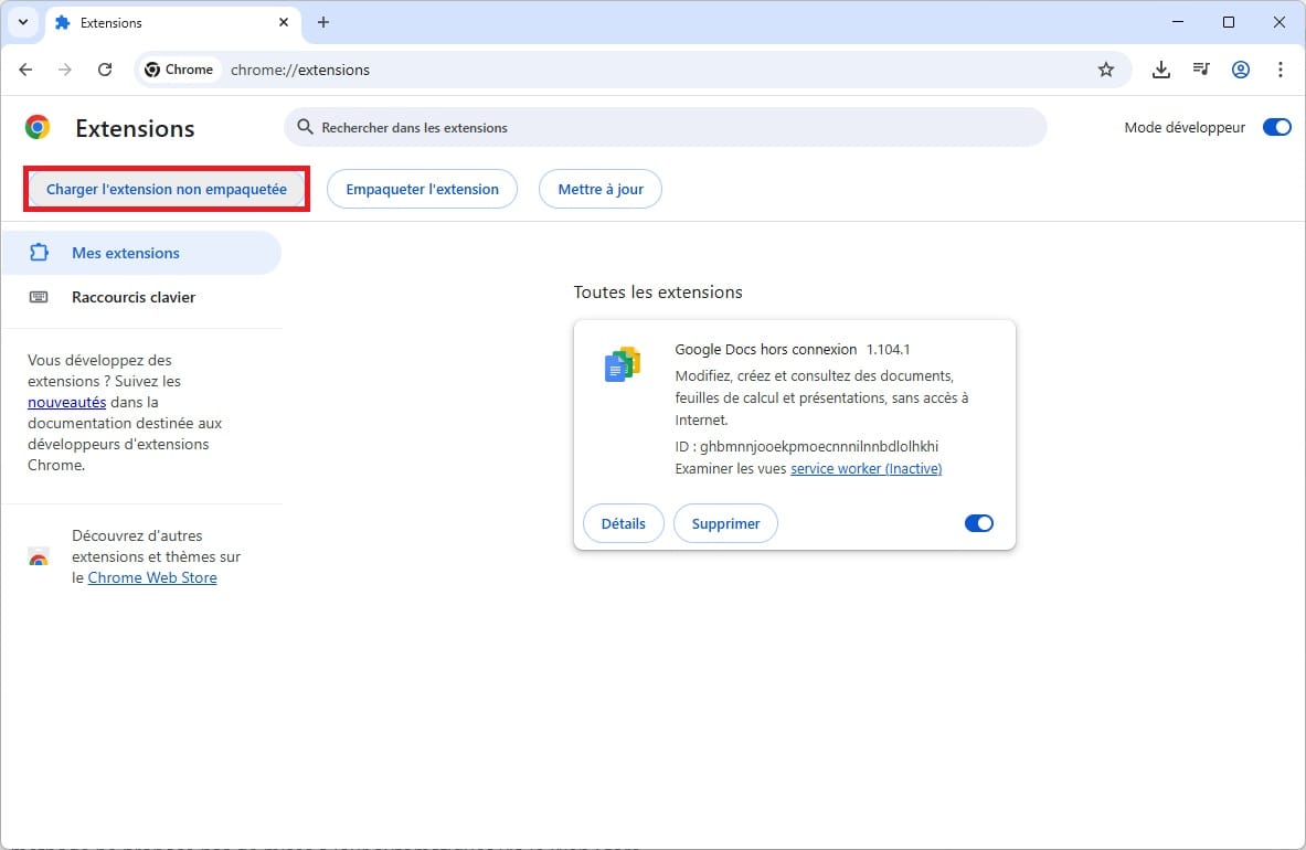 charger une extension non empaquetée dans le chrome Web Store