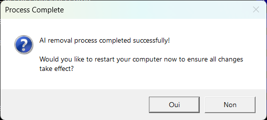 demande de redémarrage pour application la suppression IA de Windows 11