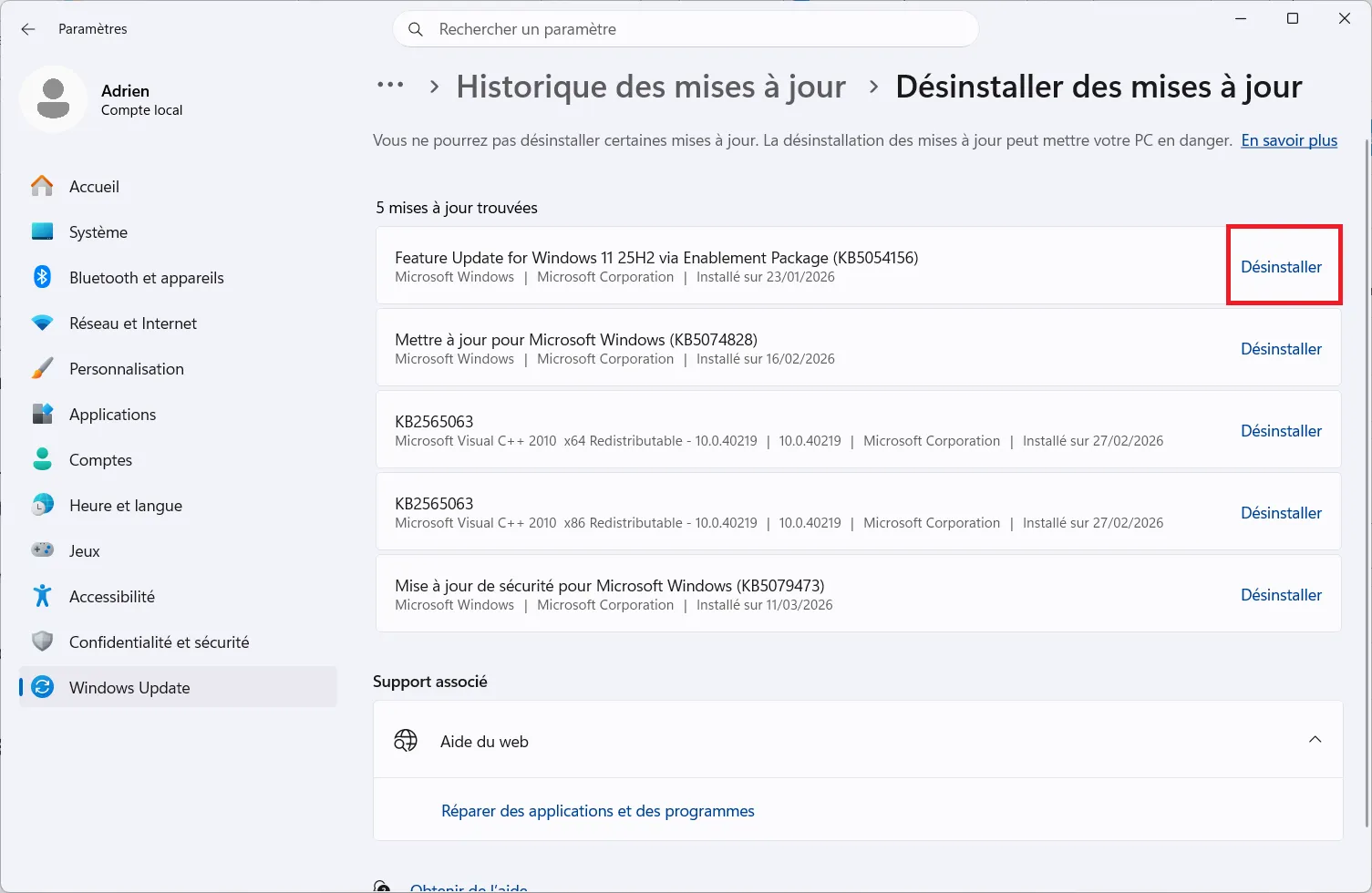 désinstaller complètement une mise à jour Windows Update