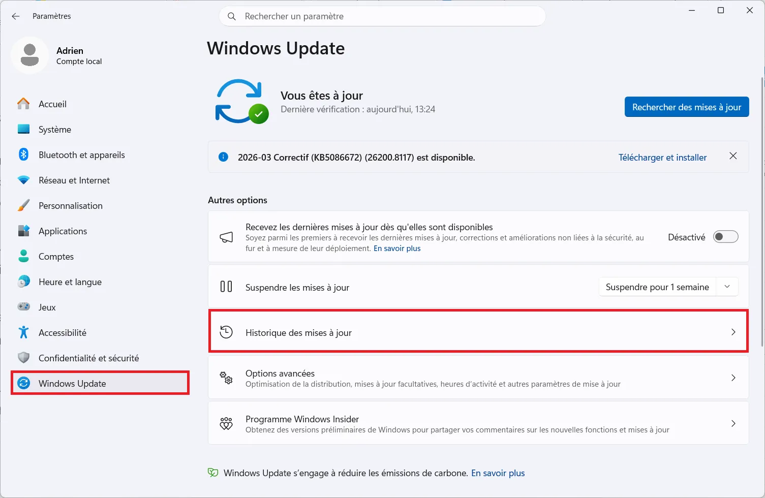 Désinstaller une mise à jour Windows depuis l'historique