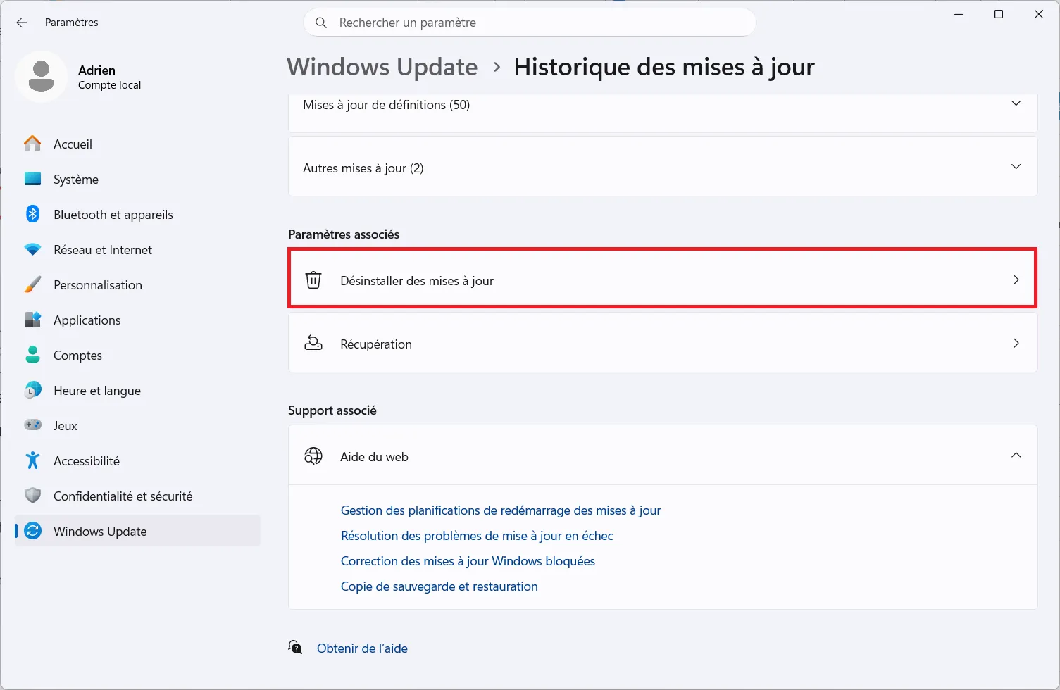 désinstaller une mise à jour sur Windows 11 depuis les paramètres