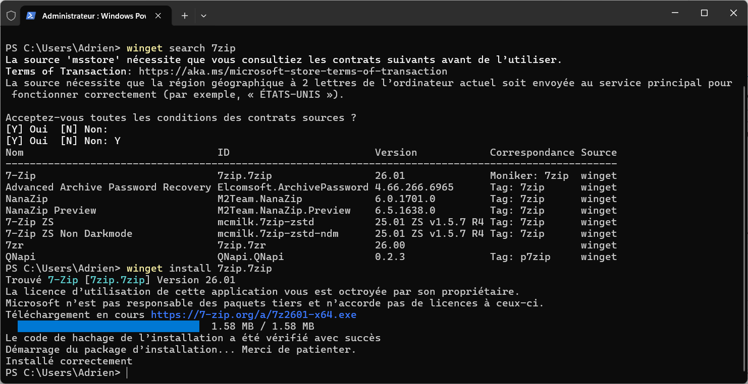 installation de 7zip en ligne de commande avec winget