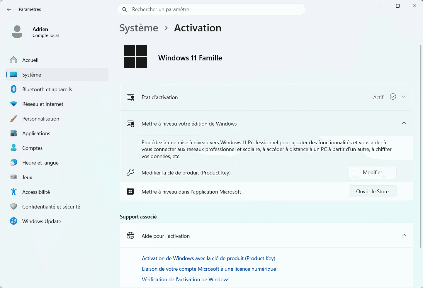 mettre &agrave; niveau la cl&eacute; de produit Windows 11 famille