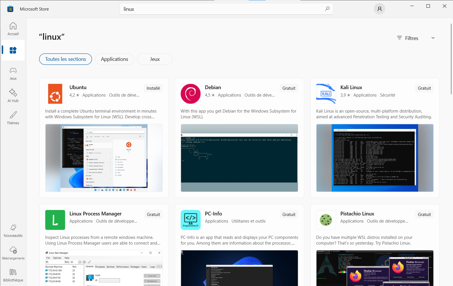 plusieurs distribution Linux sont disponibles sur le Microsoft Store pour WSL