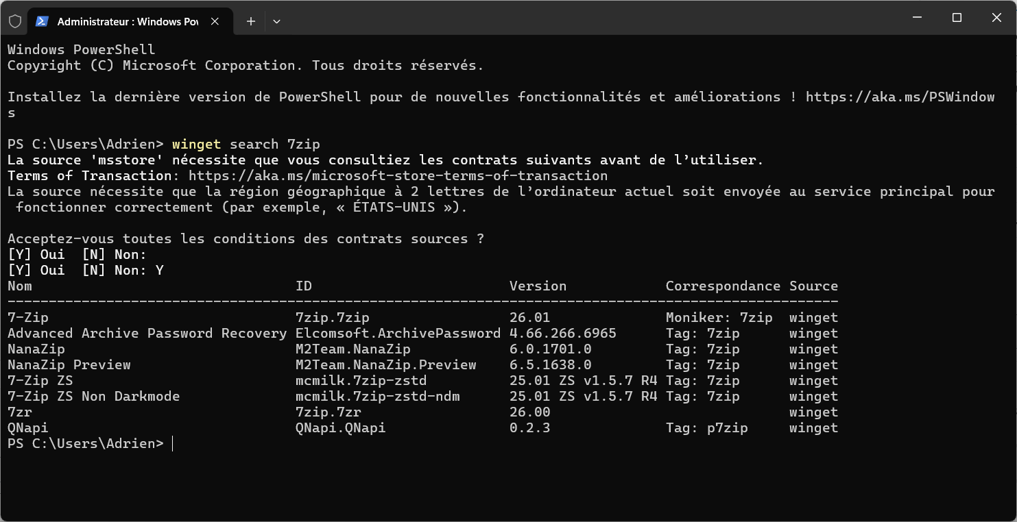 recherche du logiciel 7zip avec winget sur Windows 11