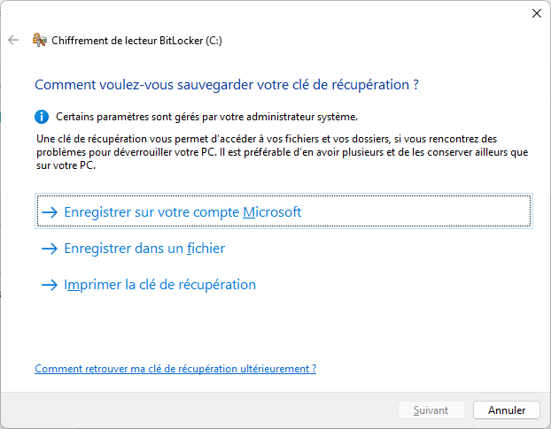 sauvegarder la clé de récupération bitlocker