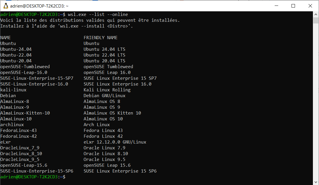 tous les distributions Linux disponibles sous WSL