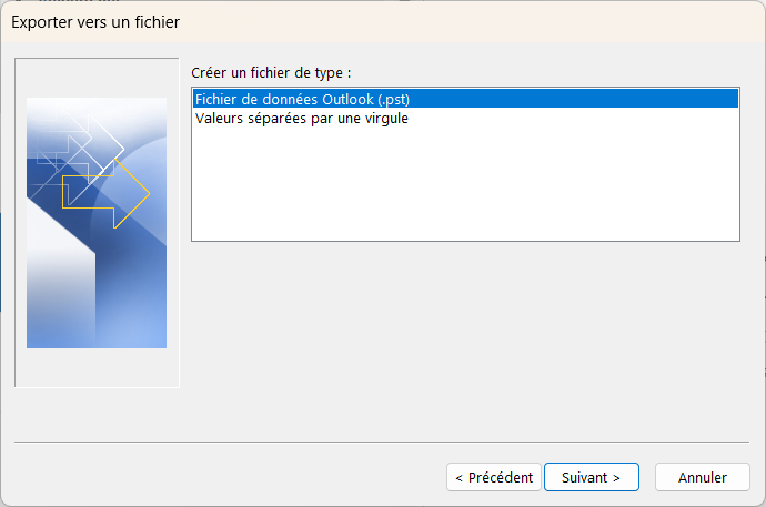exporter les données outlook en fichier.pst