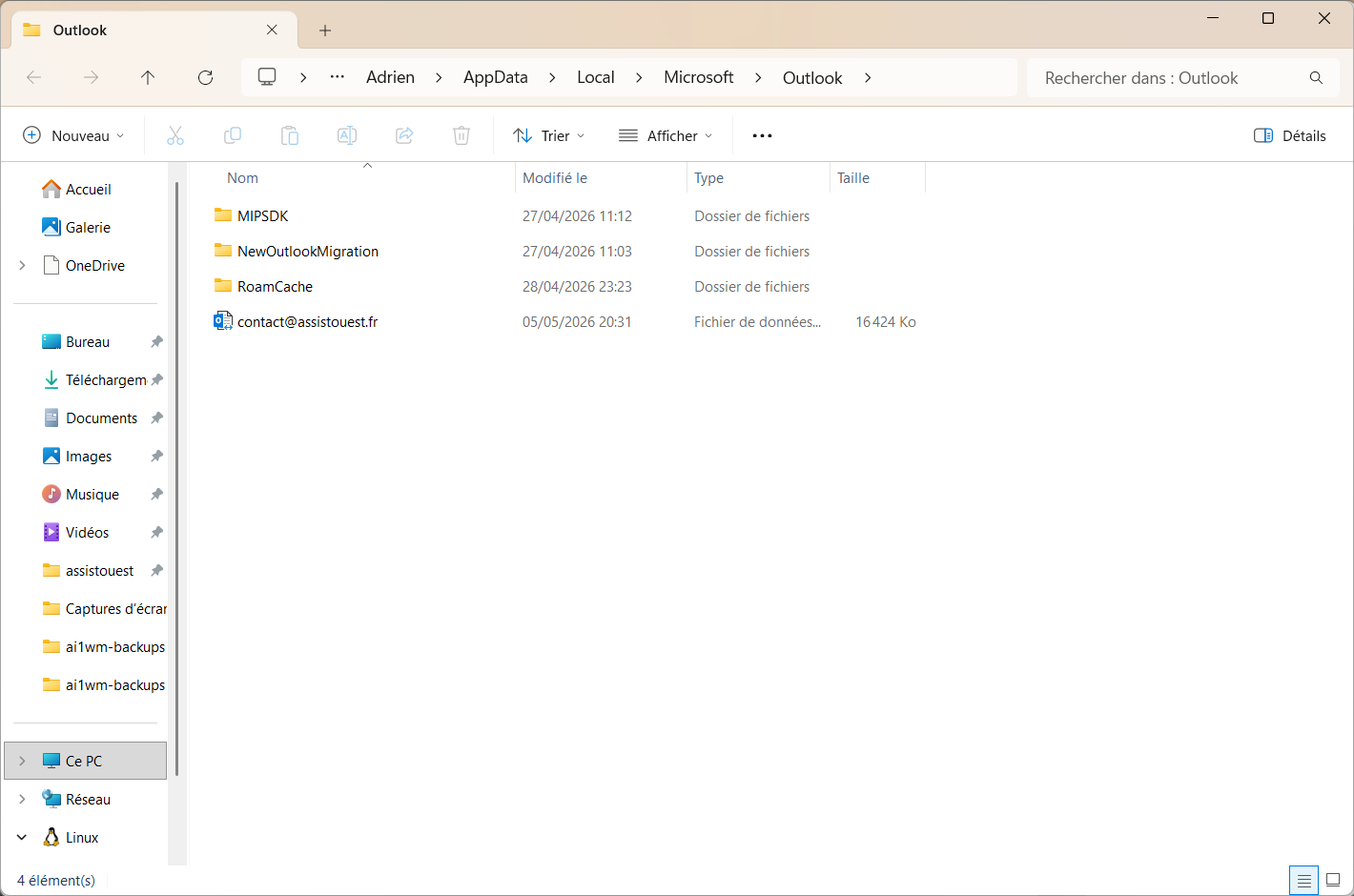 révéler l'emplacement du fichier de données oultook dans Windows 11
