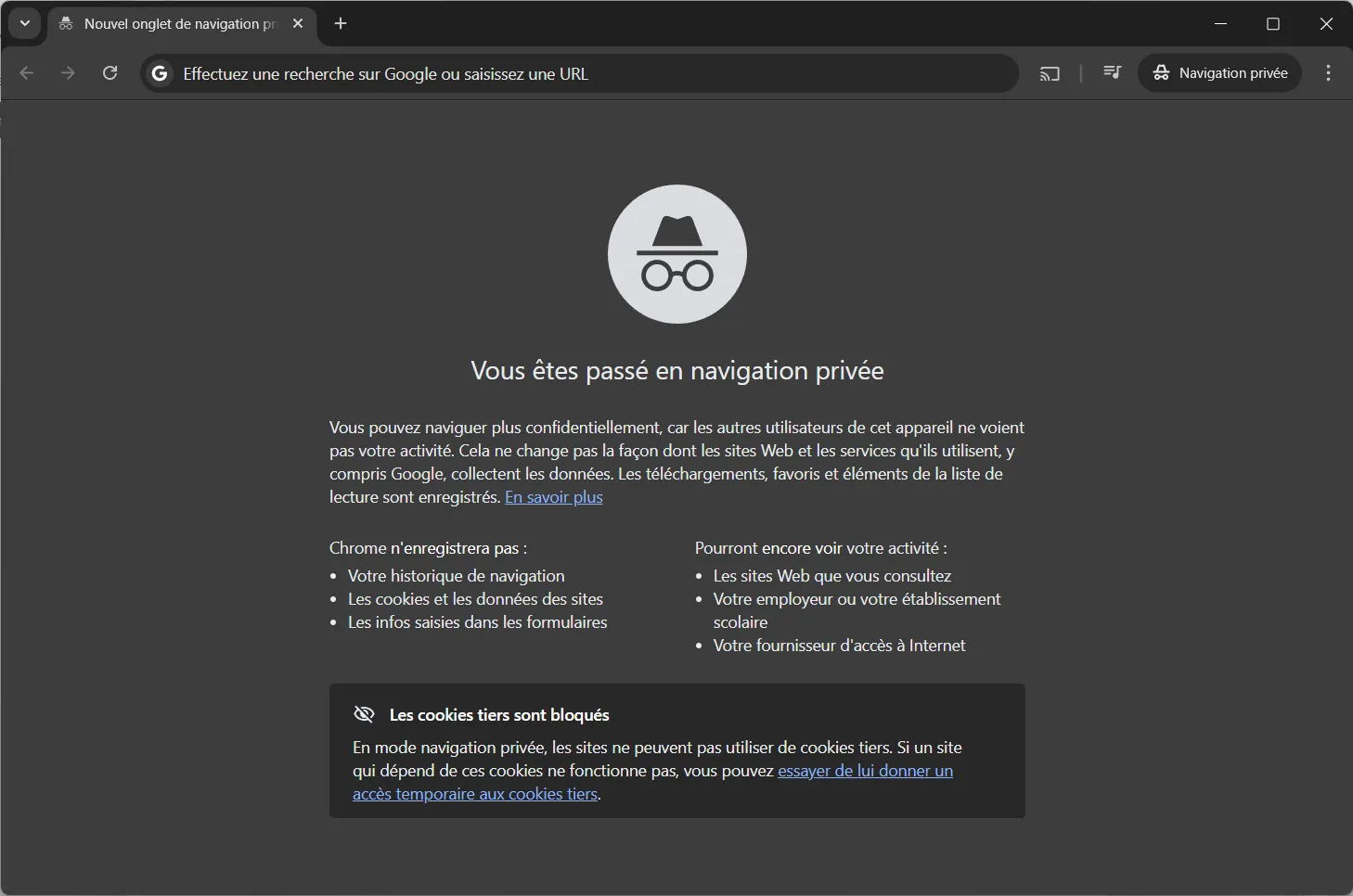 une fen&ecirc;tre de navigation priv&eacute;e sur Google Chrome