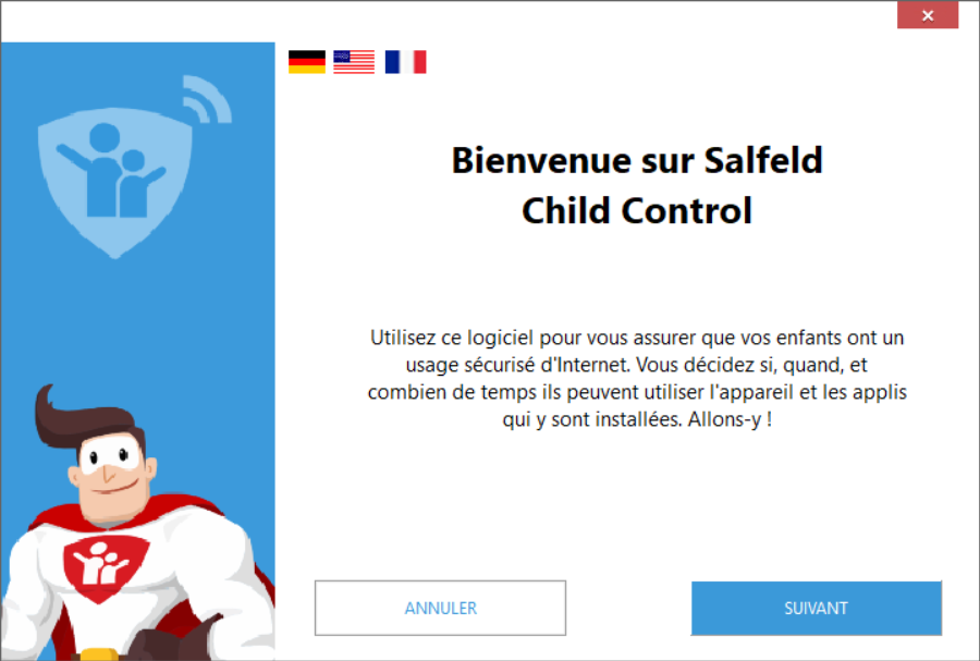 Écran de bienvenue de l'assistant d'installation Salfeld Child Control