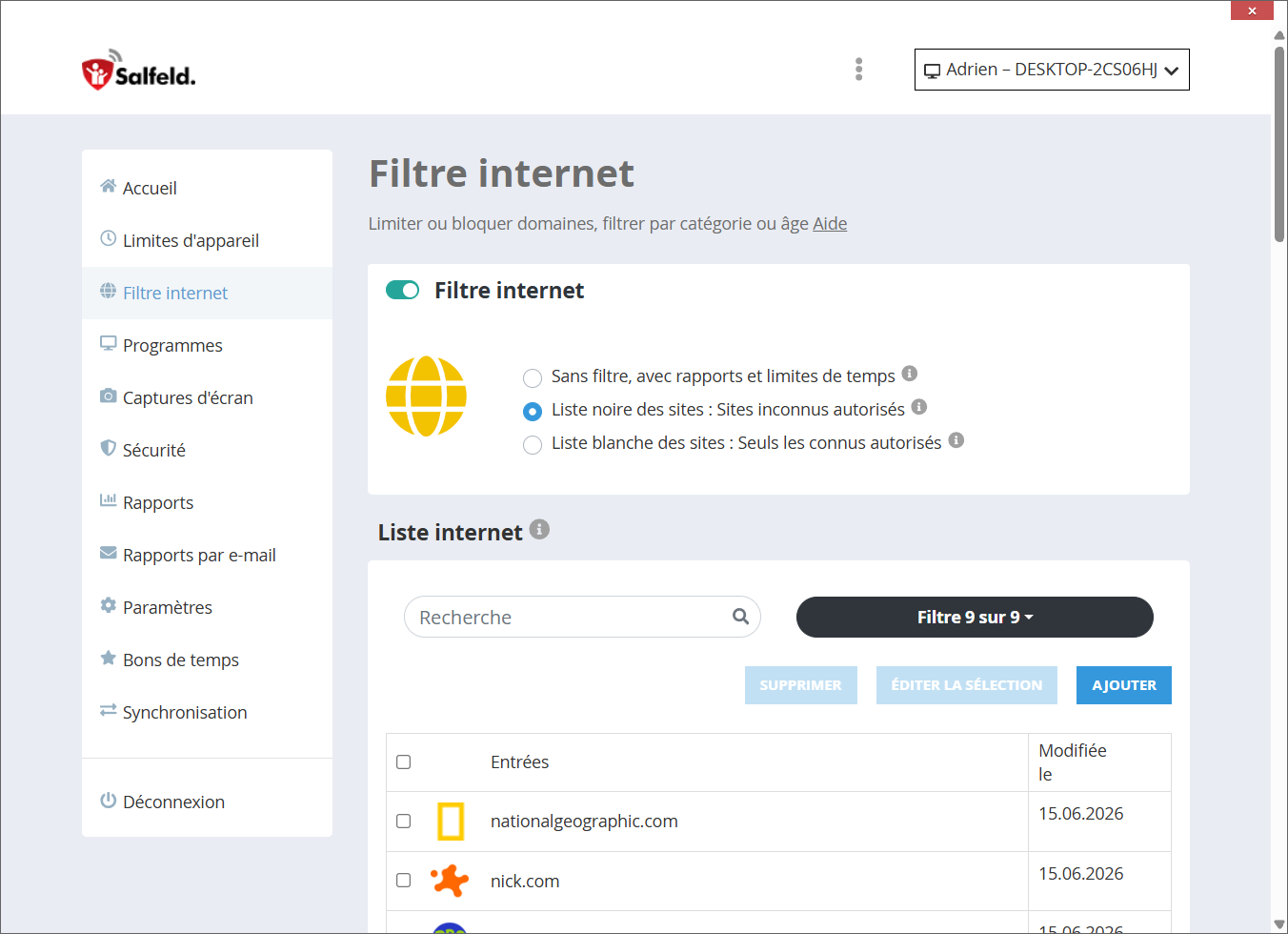 Filtre internet par liste noire ou blanche dans Salfeld Child Control