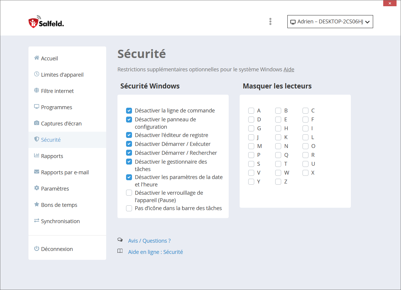 Restrictions de sécurité Windows pour empêcher le contournement dans Salfeld
