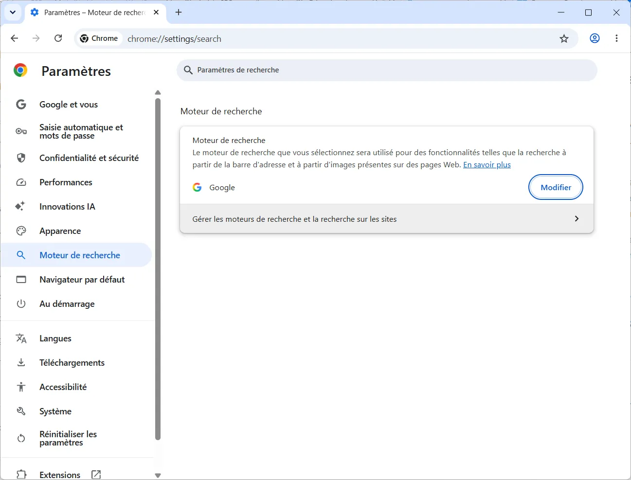Acc&eacute;der &agrave; la gestion des moteurs de recherche dans Chrome