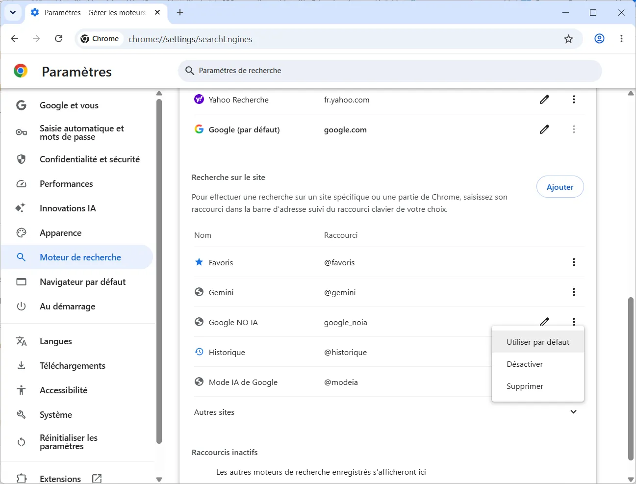 D&eacute;finir Google NO IA comme moteur de recherche par d&eacute;faut dans Chrome