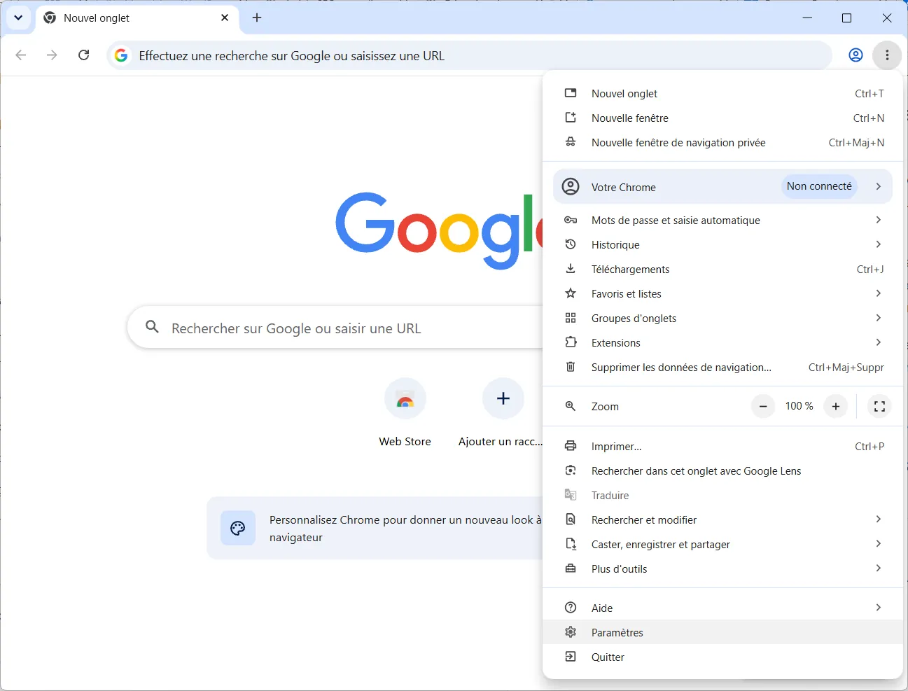 Ouvrir les param&egrave;tres de Google Chrome depuis le menu principal