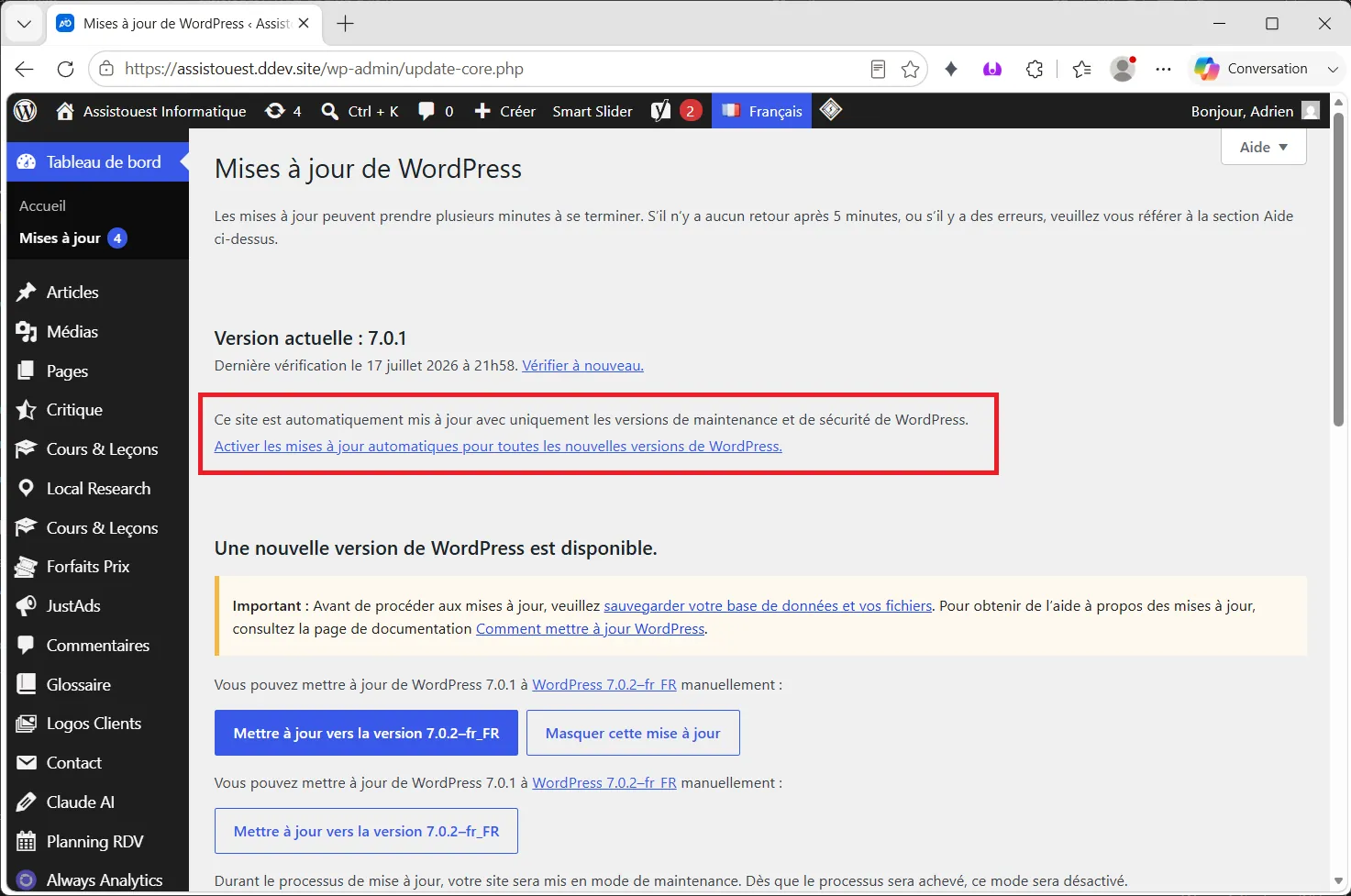 activer les mises à jours automatiques majeures wordpress