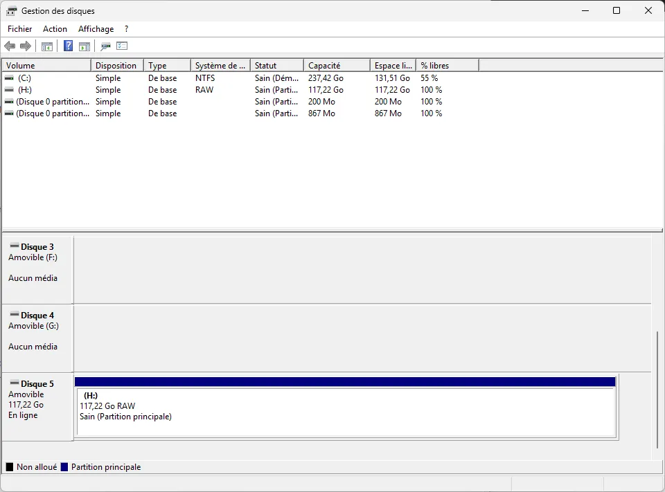 La tarjeta SD muestra una partici&oacute;n RAW (da&ntilde;ada) de 117 GB en el Administrador de discos de Windows 11