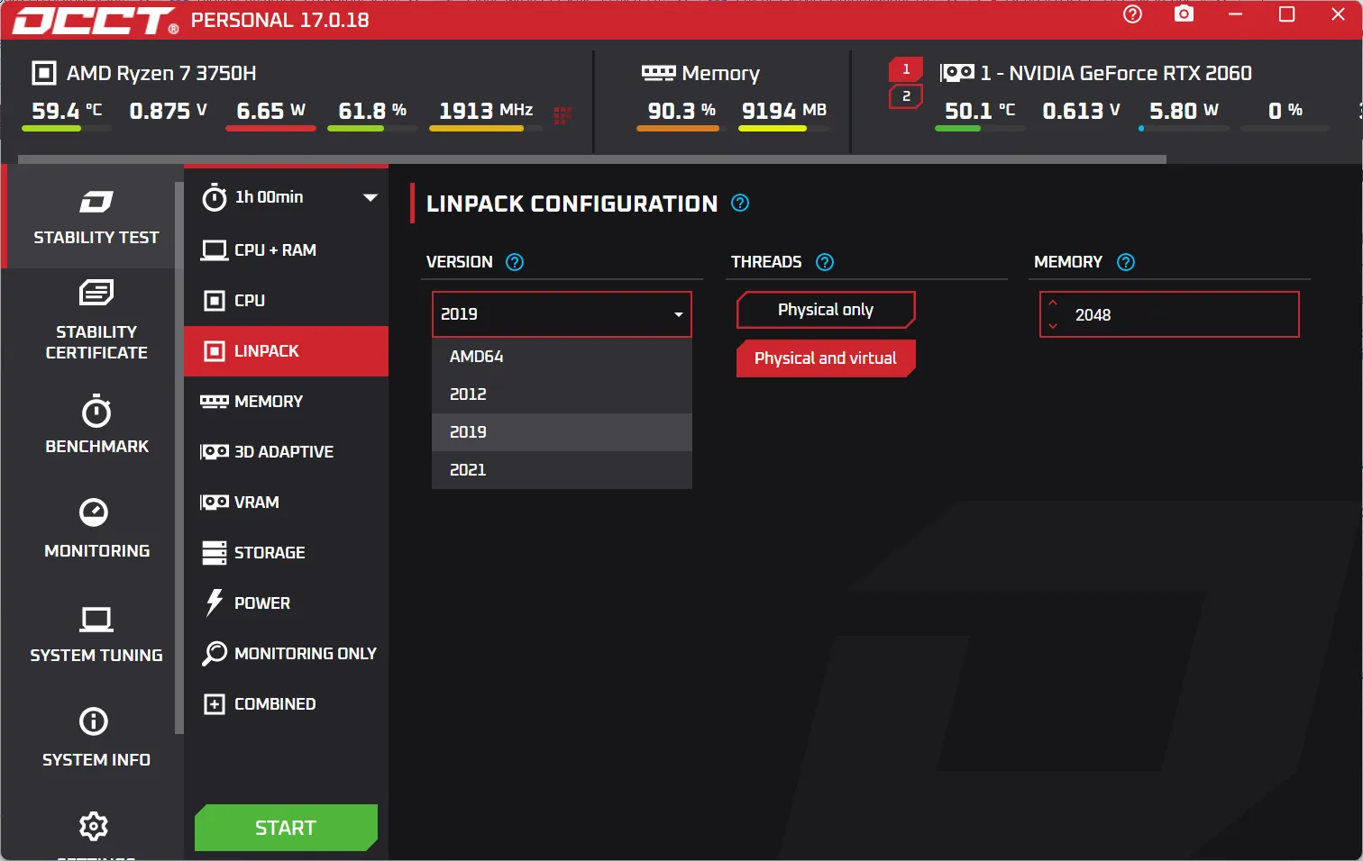Benchmark Linpack sur OCCT