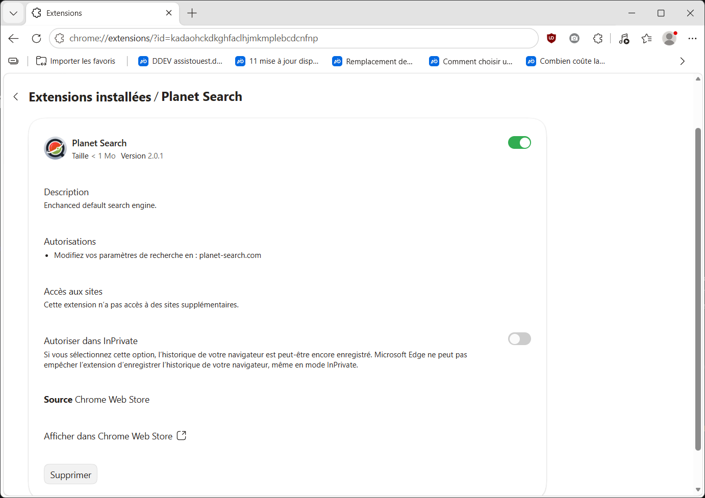 supprimer Planet Search