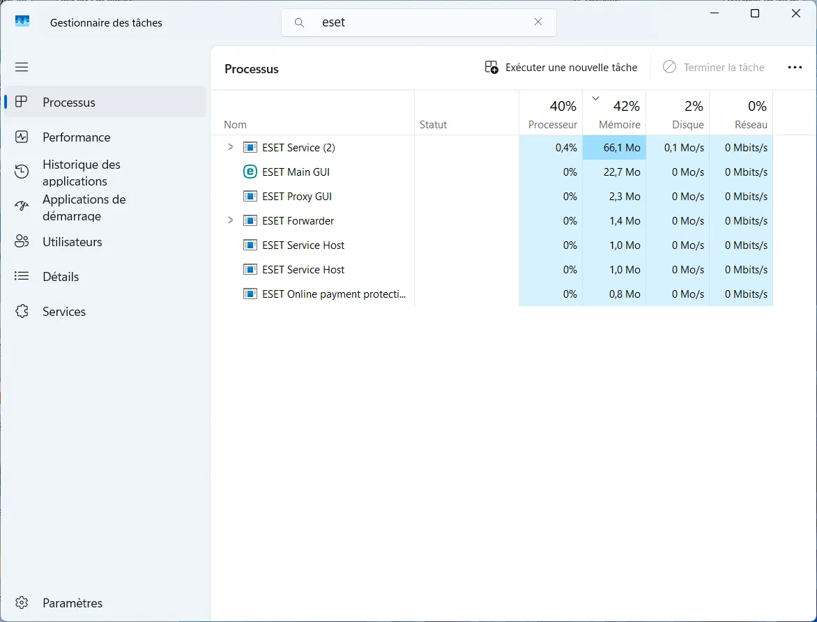 Au repos, ESET utilise environ 95 Mo de RAM sur mon PC