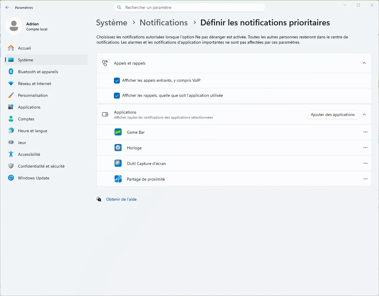 D&eacute;finir les notifications prioritaires sur Windows 11